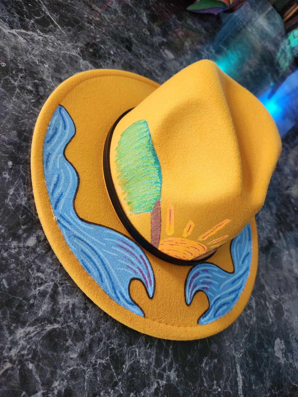 Yellow Hand-Painted Fedora Hat with Blue Wave Details